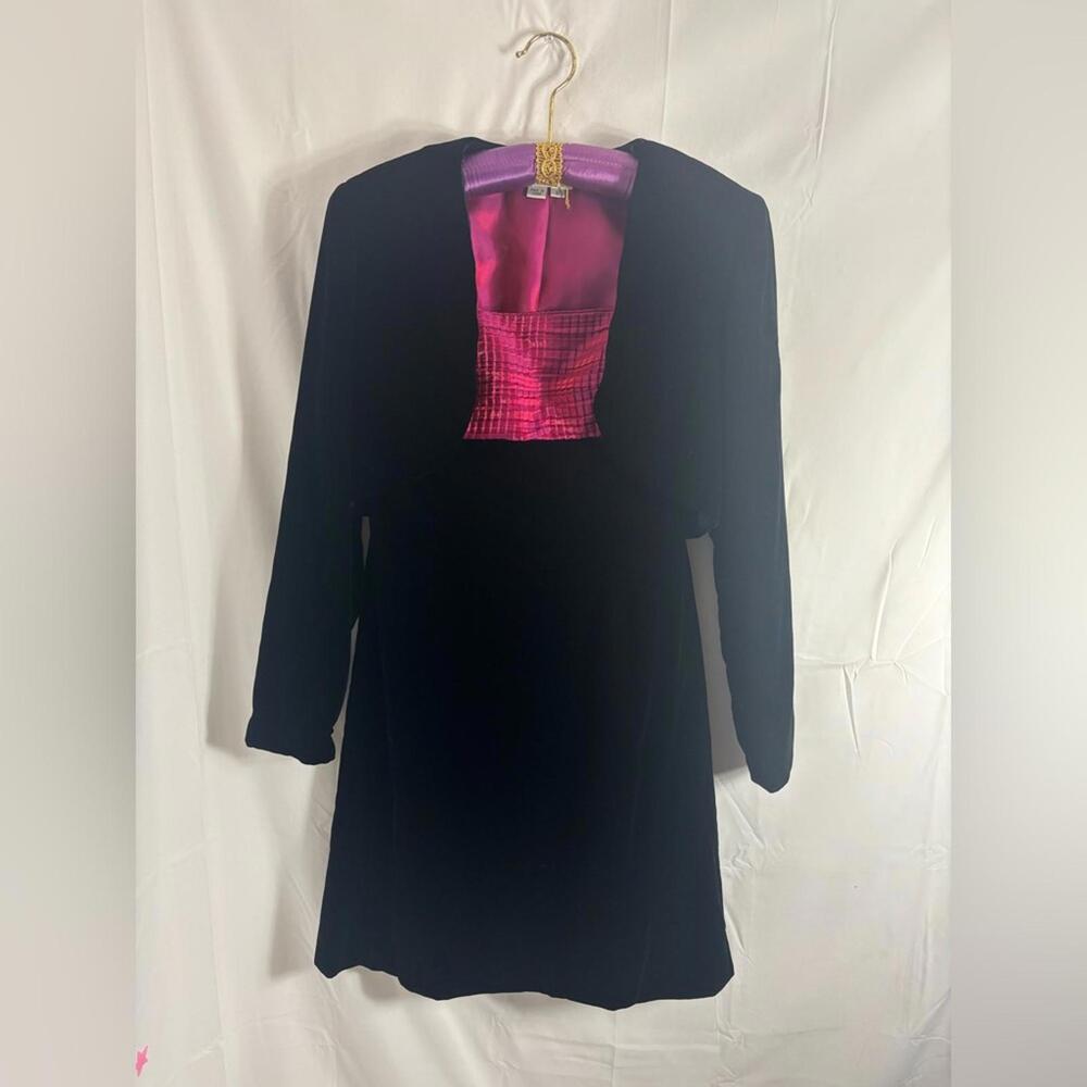 VTG Black Velvet Magenta Embroidered Mini Dress Structured Bolero Set Size S